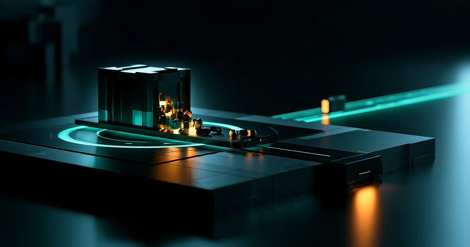 A dark glass cube on a black platform ringed with cyan light, small amber-lit capsules spilling from its base, while a thin cyan beam with one amber block runs past in the background.