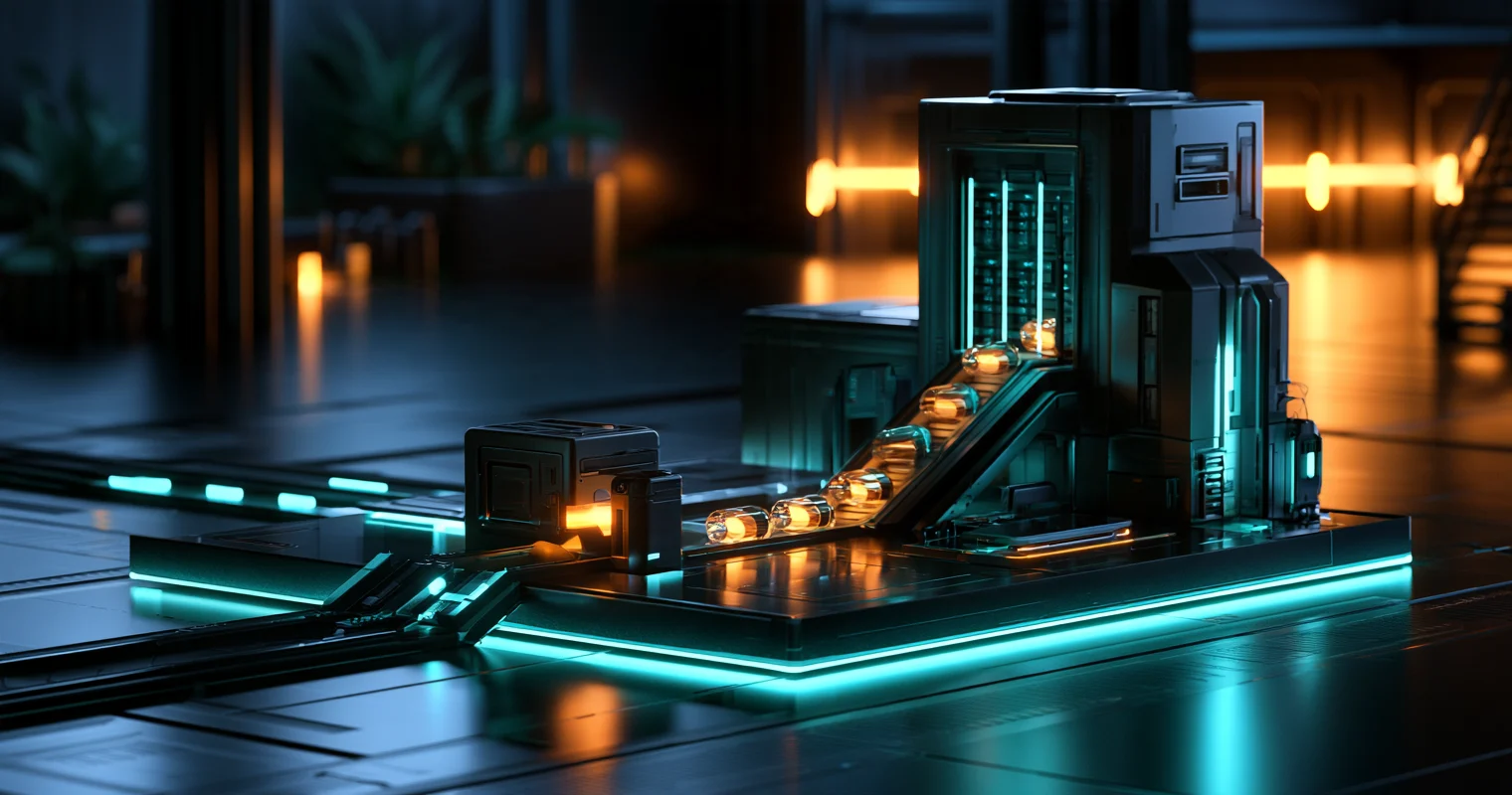 A small dark cube with an amber light sits at the foot of a cyan-lit ramp, where a row of glowing amber capsules climbs into a tall black machine tower on a dark platform.
