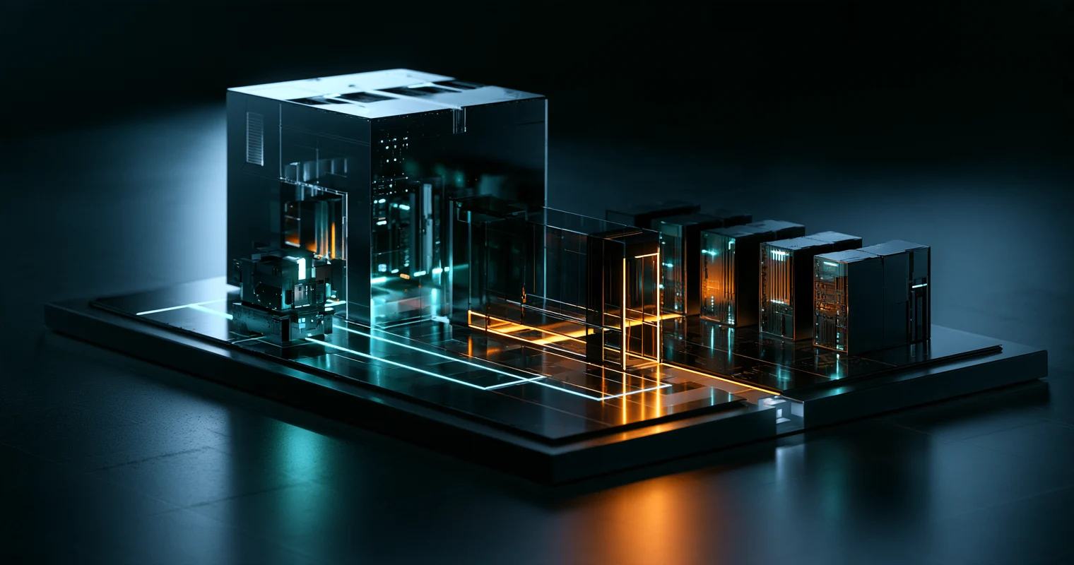 A glass cube with a small module inside, linked by glowing cyan and amber paths through a glass gate to a row of separate server blocks on a dark platform.