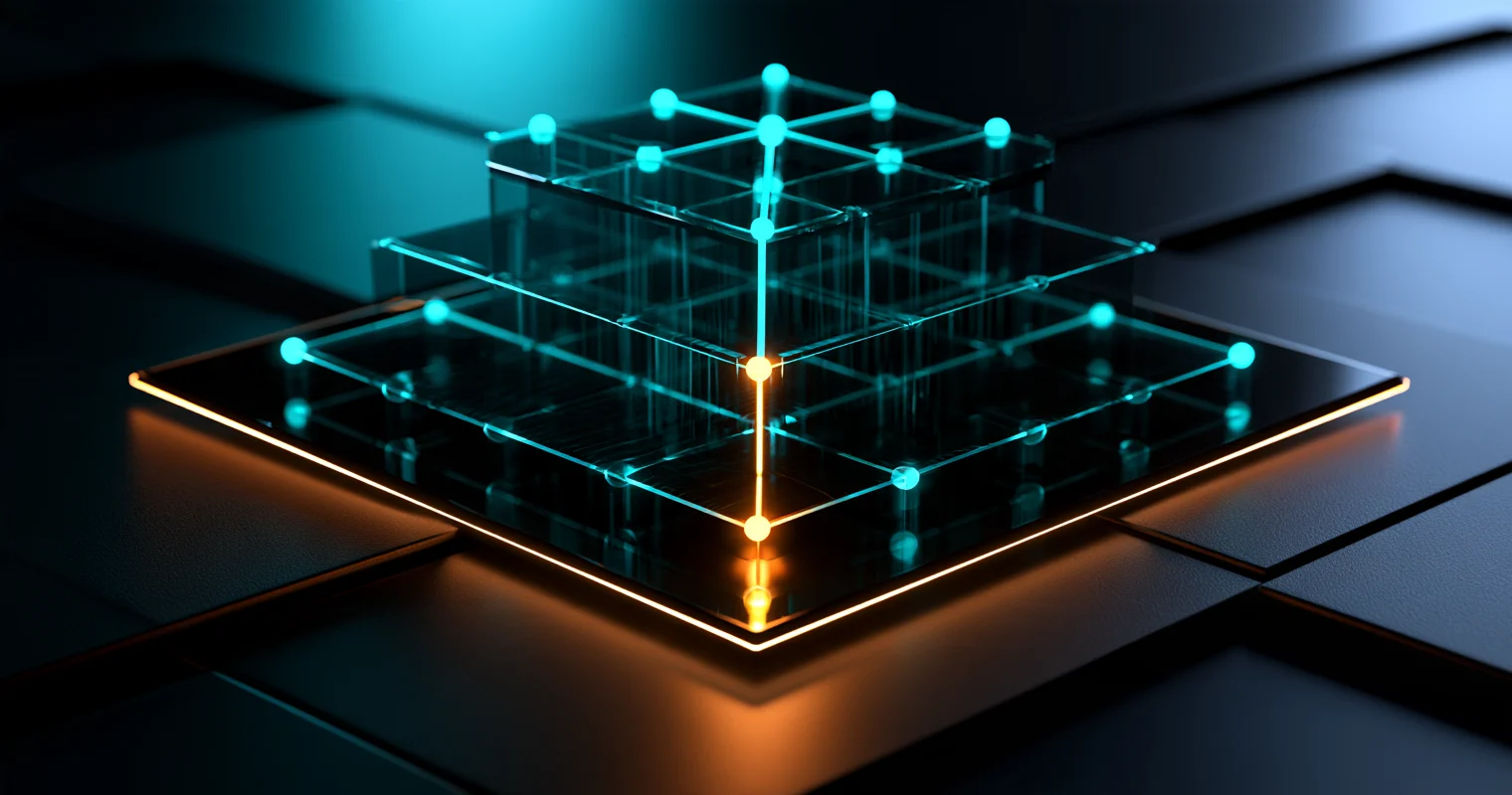 A stepped stack of three transparent glass tiers on a dark platform, each tier a grid of glowing cyan nodes, with a vertical line running down through the tiers that turns amber where it meets the amber-lit edge of the base.
