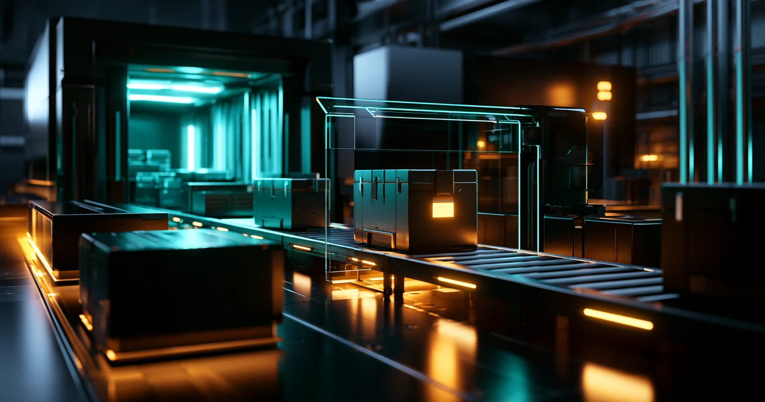 A dark conveyor carries package crates toward a lit vault, while one crate with an amber label sits under a glass inspection hood.